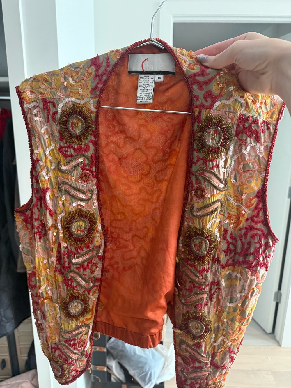 Classic Vintage Embroidered Beaded Orange & Gold Vest
100% Silk